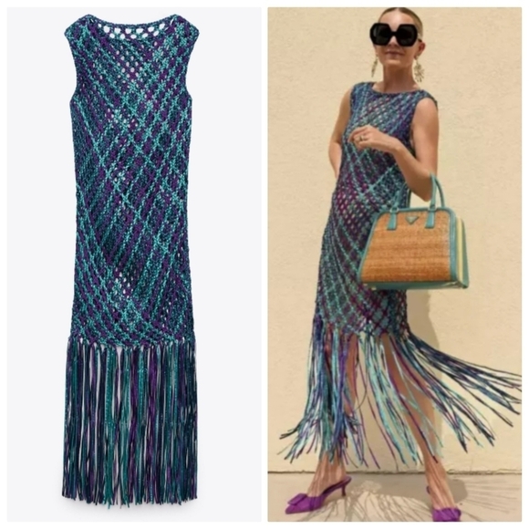 New Zara Satin Effect Woven Braided Fringe Blue Dress/Swim Cover-Up Blogger Fav - Picture 1 of 10